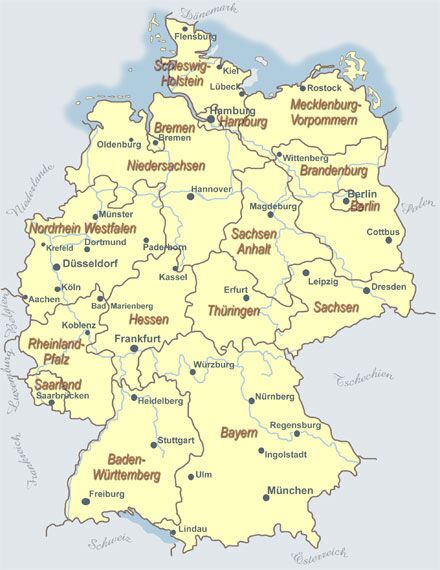 Deutschlandkarte mit Bundesländergrenzen und Namen