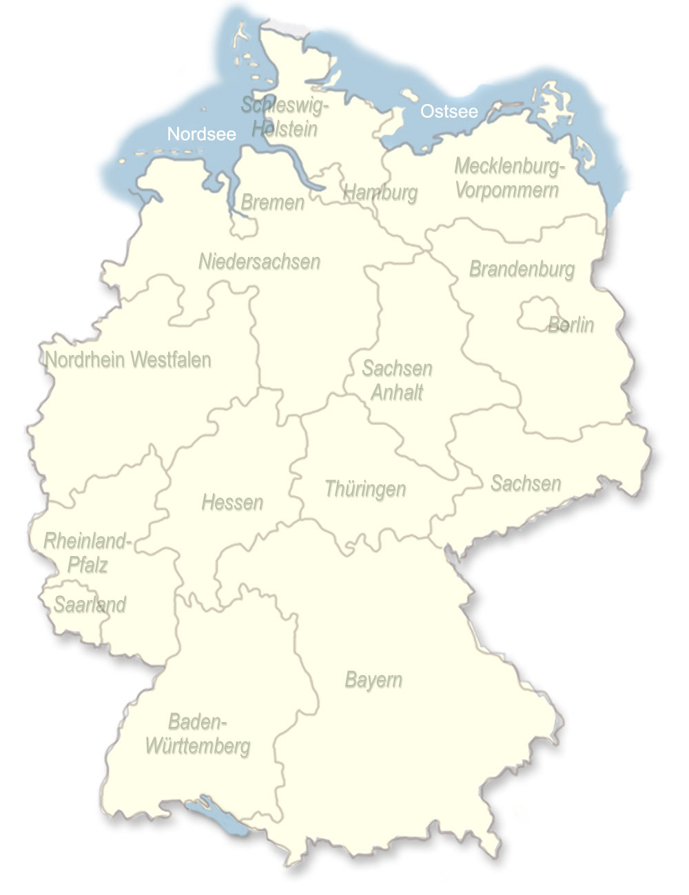 Deutschlandkarte mit Bundesländergrenzen und Bundesländernamen