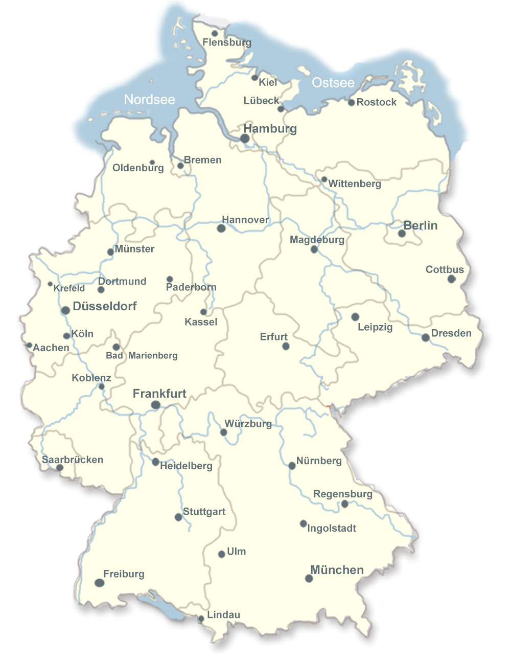 Deutschlandkarte mit Bundesländergrenzen und Städten