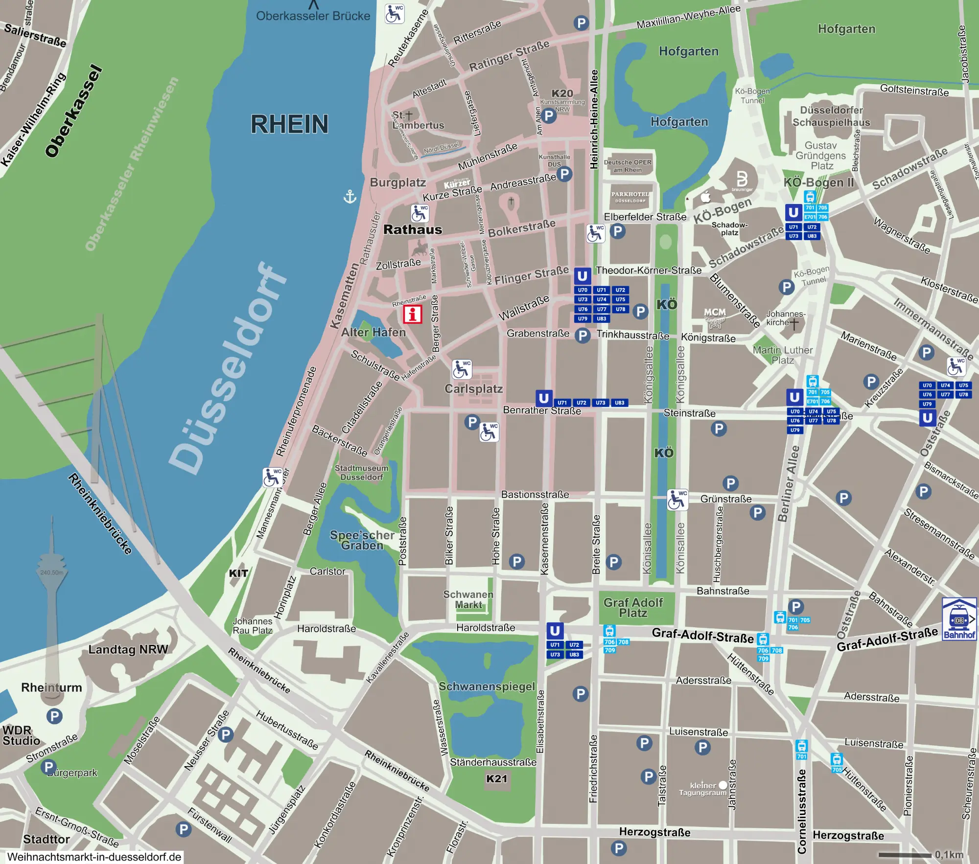 Individualisierter Düsseldorfer Stadtplan mit Bushaltestellen und U-Bahn
